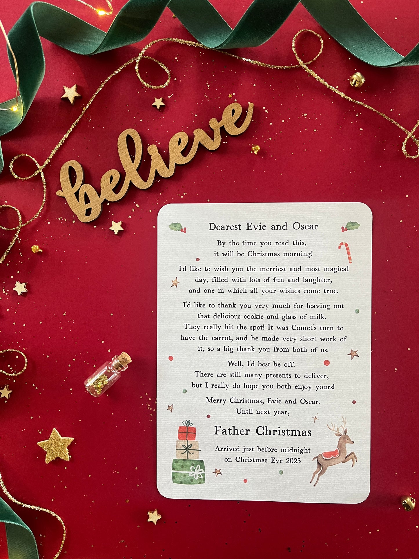 Christmas morning letter which is fully personalised and unique. Filled with magical illustrations and details of your Christmas eve trets for Father Christmas or Santa Claus.
The note that is printed onto textured paper, is pictured on a red background with magical decorations.